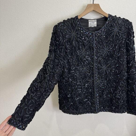 Vtg Sequin Beaded Jacket Womens Large Black Silk Cocktail Feminine Artsy Event - Picture 10 of 16